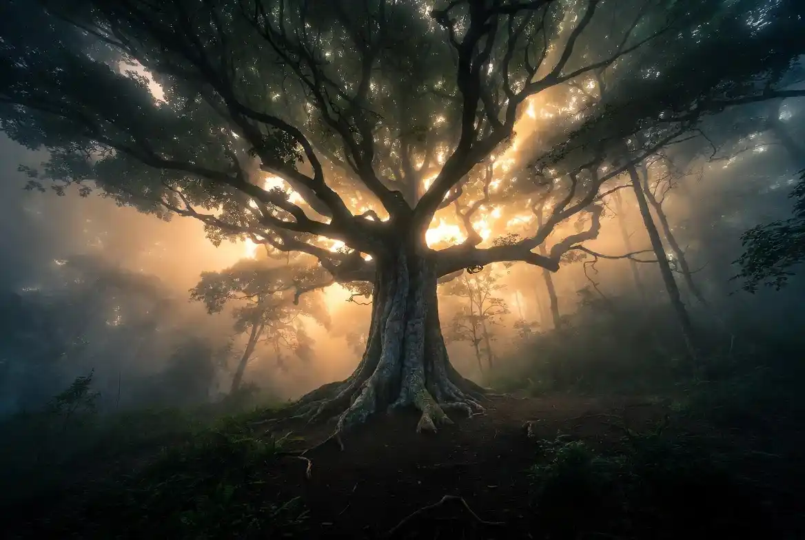 Mystischer alter Baum im nebligen Wald bei Dämmerung – Symbol für die Mythologie der Bäume im schamanischen Trommelbau