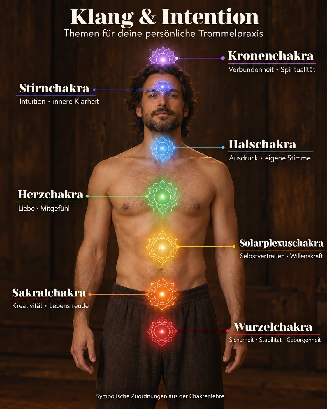 Illustration eines Mannes mit sieben farbigen, symbolischen Chakra-Positionen und deutschen Beschriftungen zu den jeweils zugeordneten Themen.