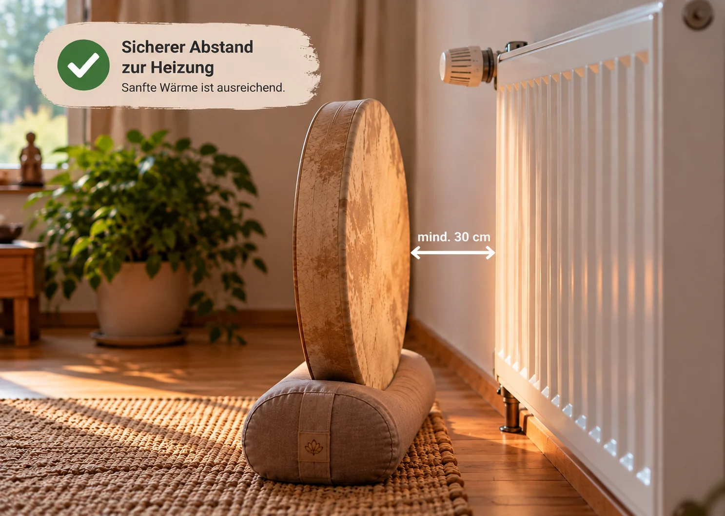 Schamanische Trommel auf Yoga-Bolster mit etwa 30 Zentimetern Abstand zur Heizung