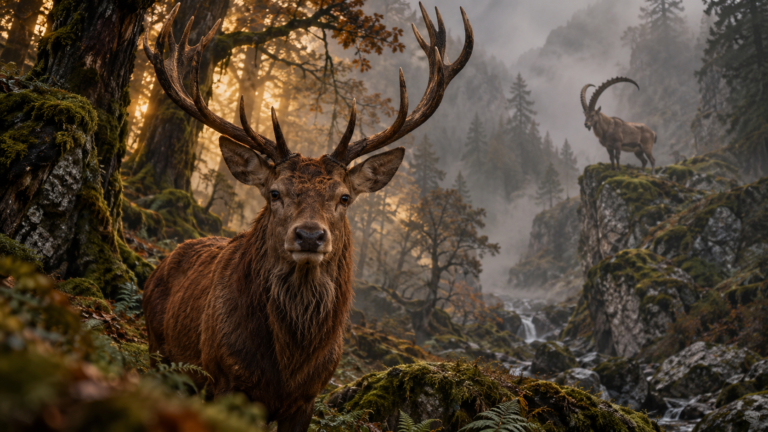 Hirsch im warmen Licht eines mystischen Waldes, Steinbock auf Felsen im Hintergrund